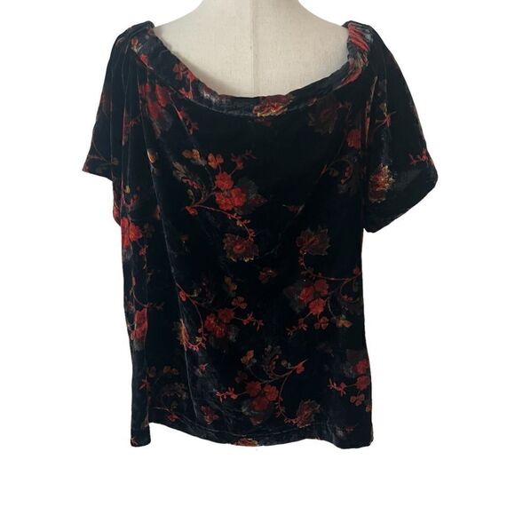 Loft Velvet On/Off the Shoulder Short Sleeve Floral Top Black Gold Orange LP - Picture 5 of 8